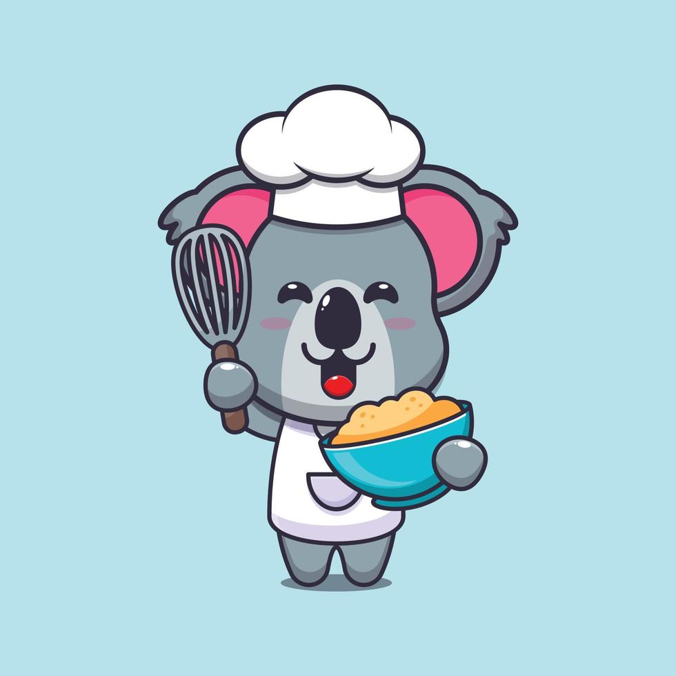 personnage de dessin animé mignon koala chef mascotte avec pâte à gâteau vecteur