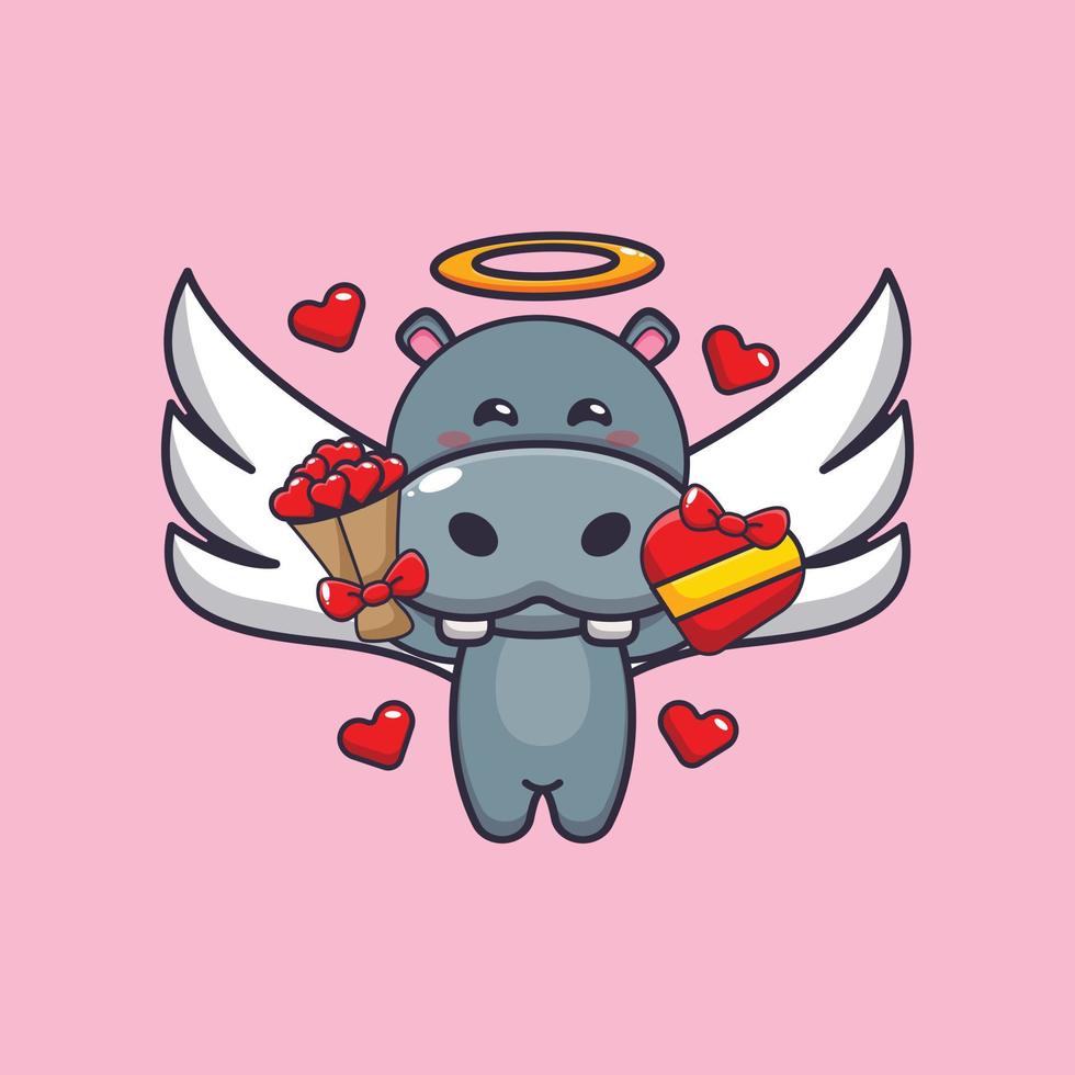personnage de dessin animé mignon hippopotame cupidon tenant un cadeau d'amour et un bouquet d'amour vecteur