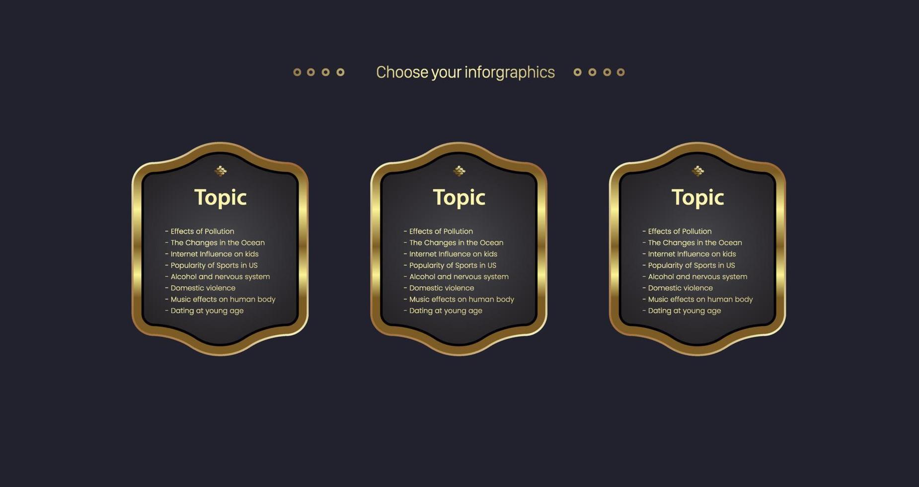 conception infographique de luxe moderne, organigramme vectoriel doré et modèle d'étape avec trois options et conception d'étapes