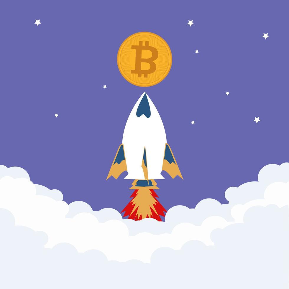 le concept de blockchain bitcoin se négocie sur la lune, la bannière crypto, le vecteur bitcoin et le loacket d'illustration montent sur la lune, faisant des investissements pour l'évasion du bitcoin