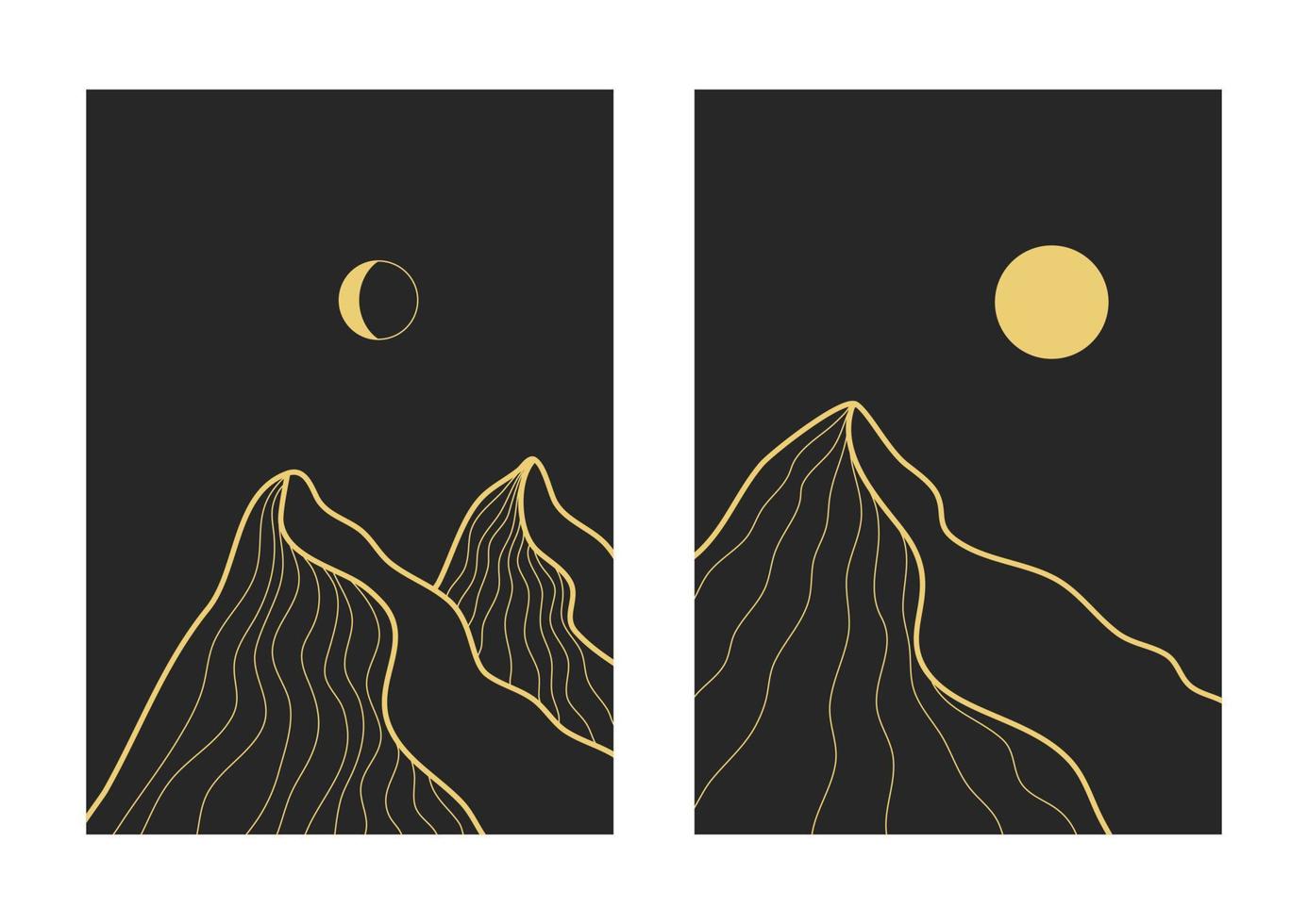 paysages abstraits boho gold line. affiches de paysages contemporains. montagnes, dune, soleil, lune, coucher de soleil, désert, collines design minimaliste. illustration vectorielle vecteur