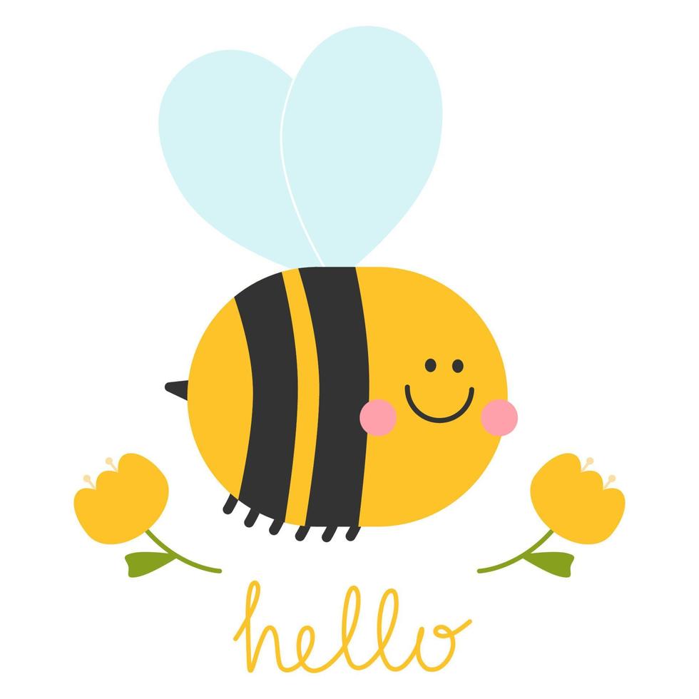 personnage mignon d'abeille souriante. bug bourdon avec des ailes. logo vectoriel rayé jaune et noir pour la ferme de locar de miel. icône enfantine pour les cartes de pépinière, les affiches, l'impression sur papier, le tissu et les vêtements.