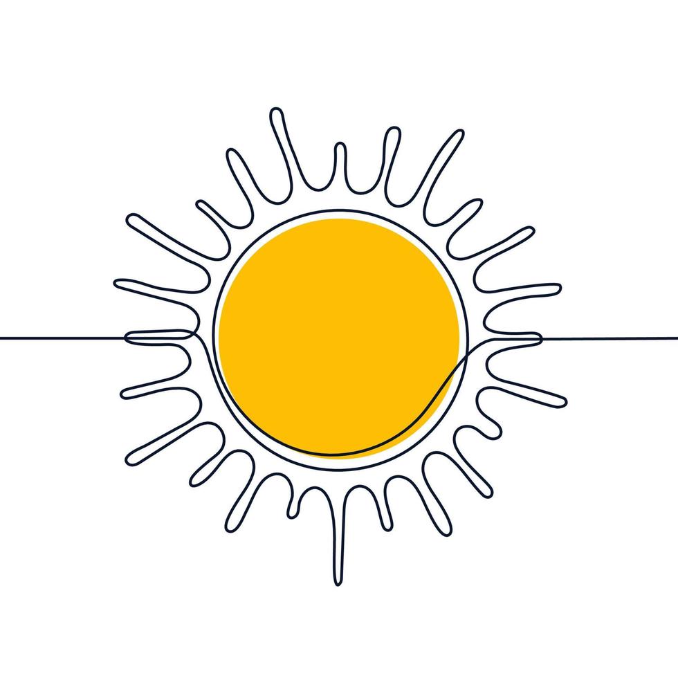 soleil jaune une ligne continue noire, contour des rayons lumineux. un dessin au trait. cercle plein soleil et lumière du soleil. énergie solaire chaude pour le bronzage. illustration de l'art vectoriel