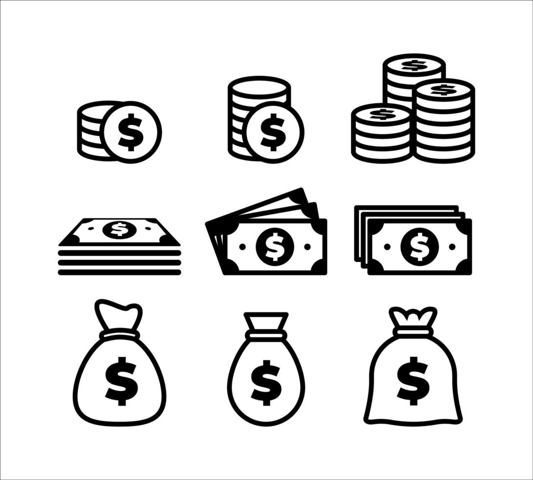 jeu d'icônes d'argent. une pile de billets de banque. sac d'argent. collection d'icônes de contour bancaire. vecteur financier isolé adapté aux ressources graphiques, aux affaires, à l'infographie, à l'illustration de paiement.