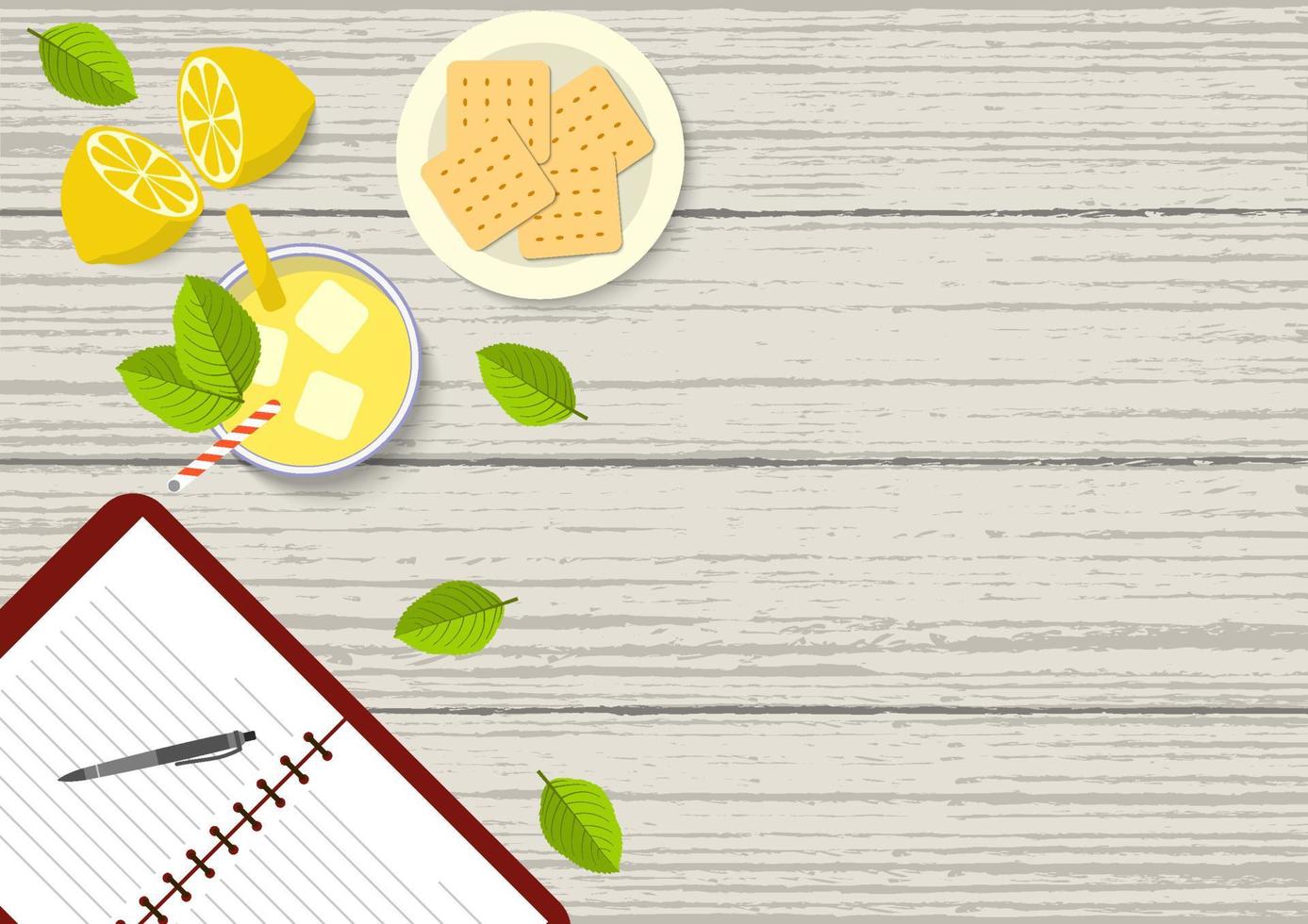 illustration vectorielle plane de table à manger en acajou d'en haut. illustration de la vue de dessus d'une table à manger avec livre ouvert, limonade, fruits au citron, biscuits craquelins et feuilles sur une table en acajou. vecteur