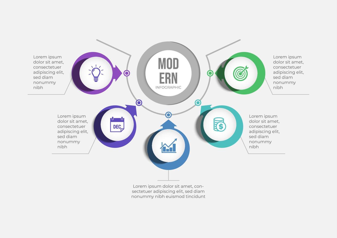 modèle d'infographie moderne. infographie d'entreprise de présentation avec 5 sections. conception vectorielle pour brochure, diagramme, calendrier, flux de travail, conception Web, rapport annuel. vecteur