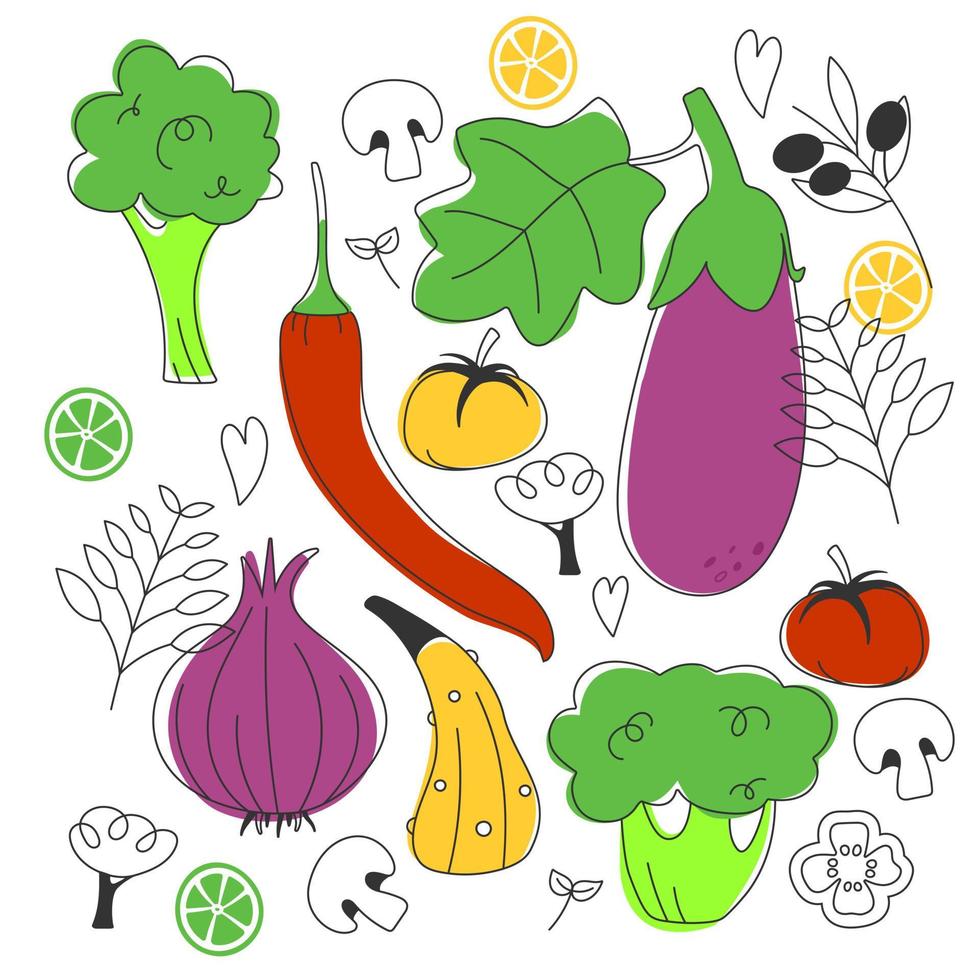 ensemble de légumes aux champignons et herbes. l'illustration vectorielle est dessinée dans un style doodle. légumes brillants, juteux et mûrs. adapté aux affiches, autocollants, menus et plus encore. vecteur