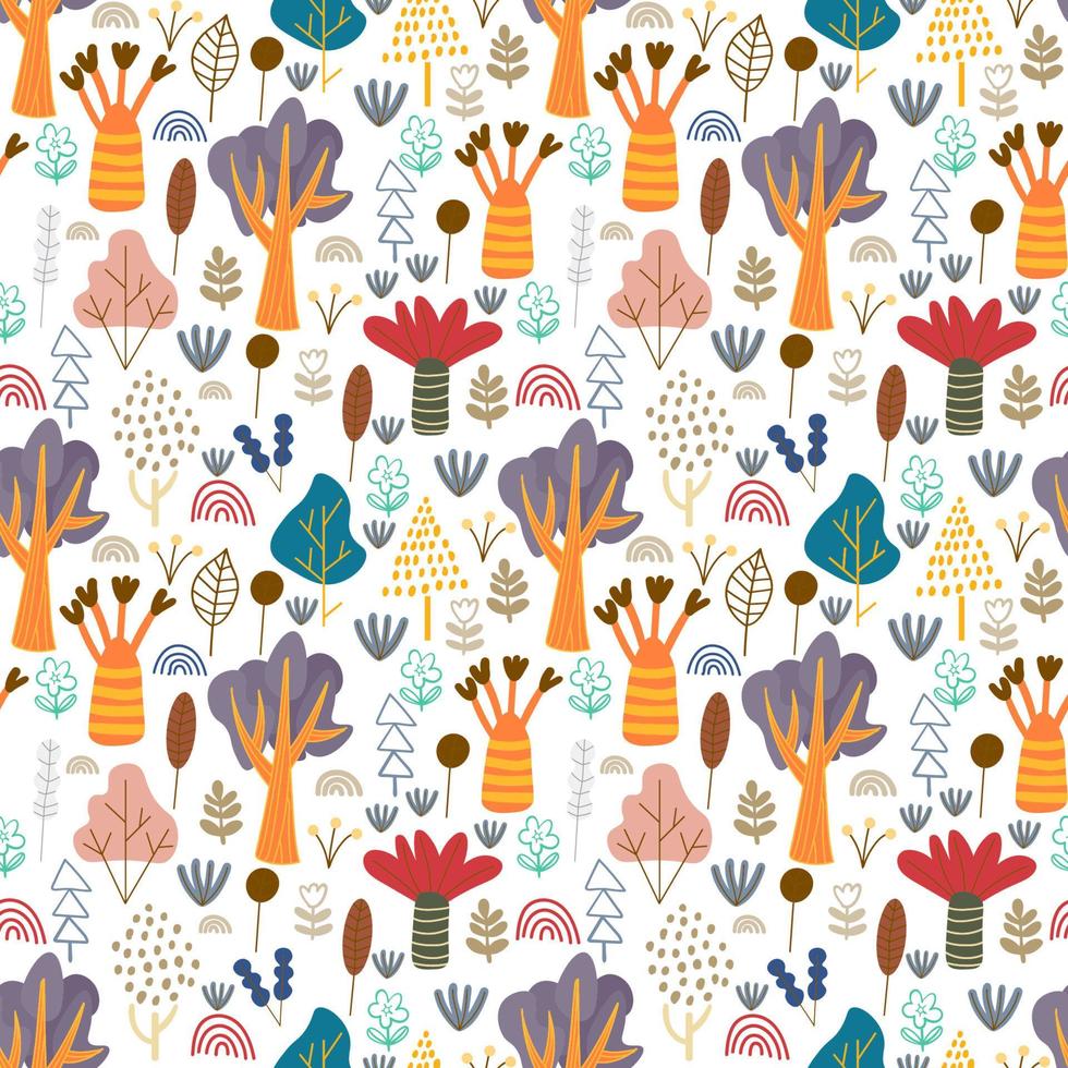 dessin animé doodle modèle sans couture de forêt. arbres, buissons, feuilles, fleurs sur fond de style enfantin scandinave. vecteur