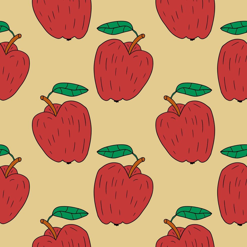 pomme rétro doodle linéaire de dessin animé avec motif sans soudure de feuille. fond de fruits. vecteur