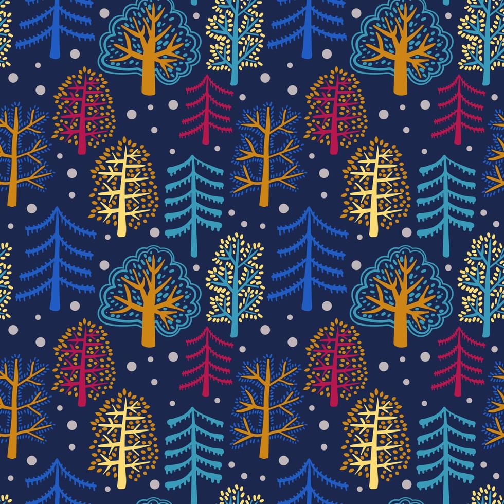 joli motif harmonieux de forêt avec des arbres d'été de dessin animé et des points dans un style de doodle plat. fond boisé. vecteur