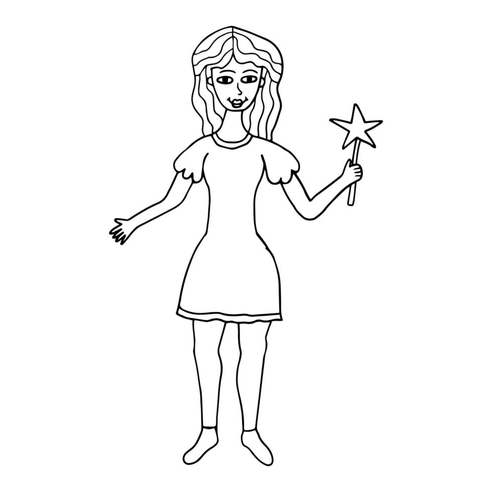 happy fantasy doodle fée femme avec baguette magique. vecteur
