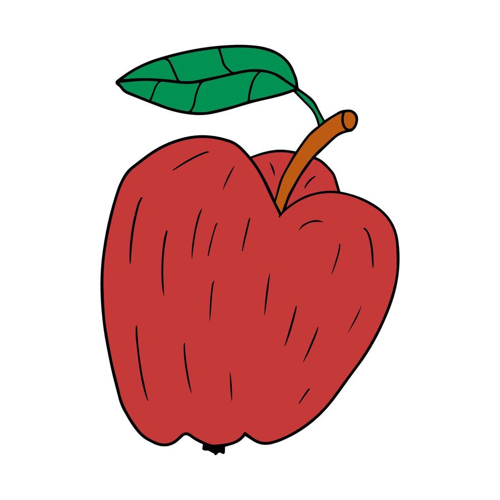 pomme rétro doodle linéaire de dessin animé avec feuille isolée sur fond blanc. vecteur