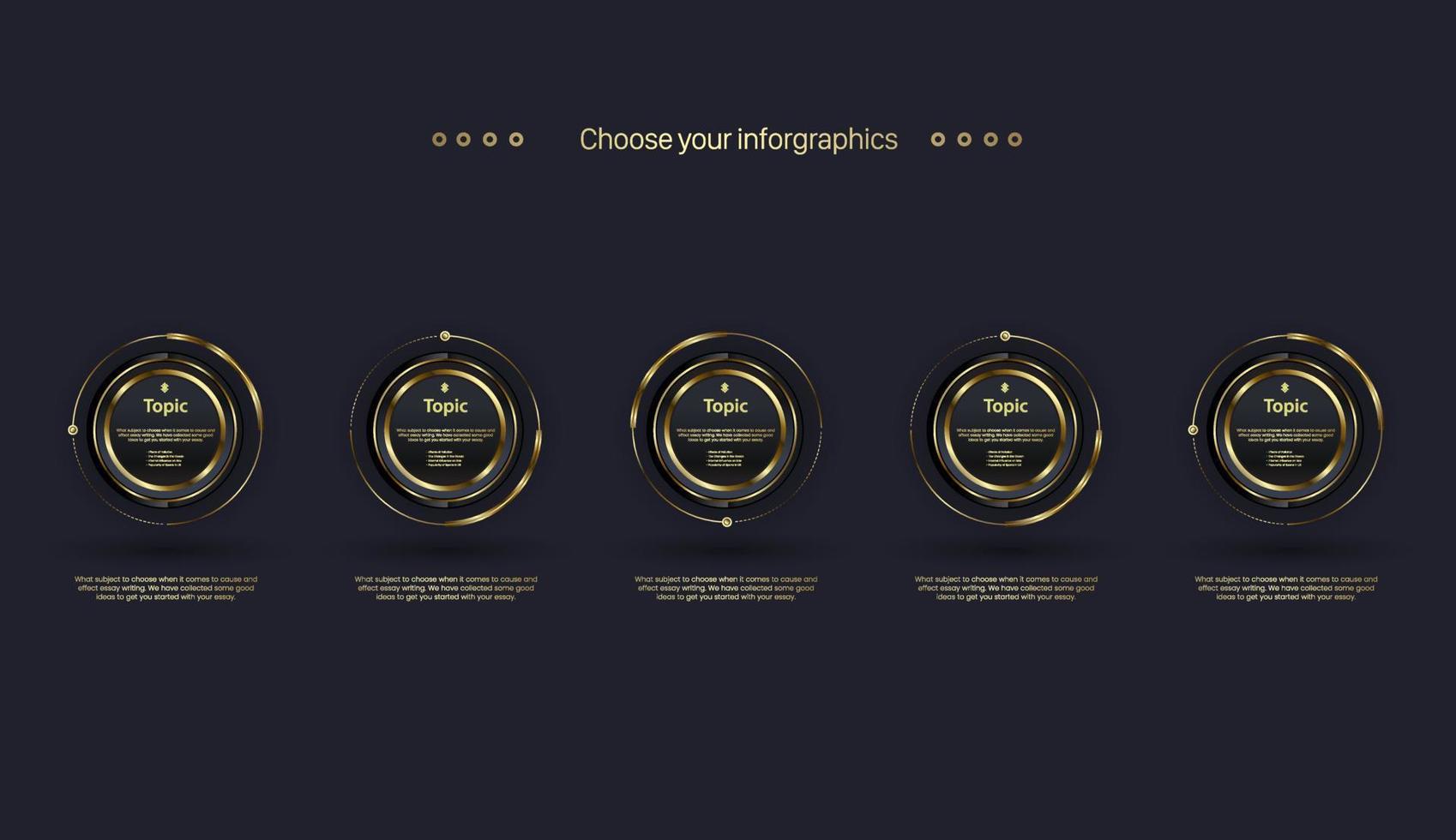 Conception infographique de la chronologie des boutons en 5 étapes. et avec des cercles d'éléments de luxe modernes. graphique de concept d'entreprise à cinq niveaux premium dans le flux de travail et les étapes, le rapport annuel ou la présentation. vecteur