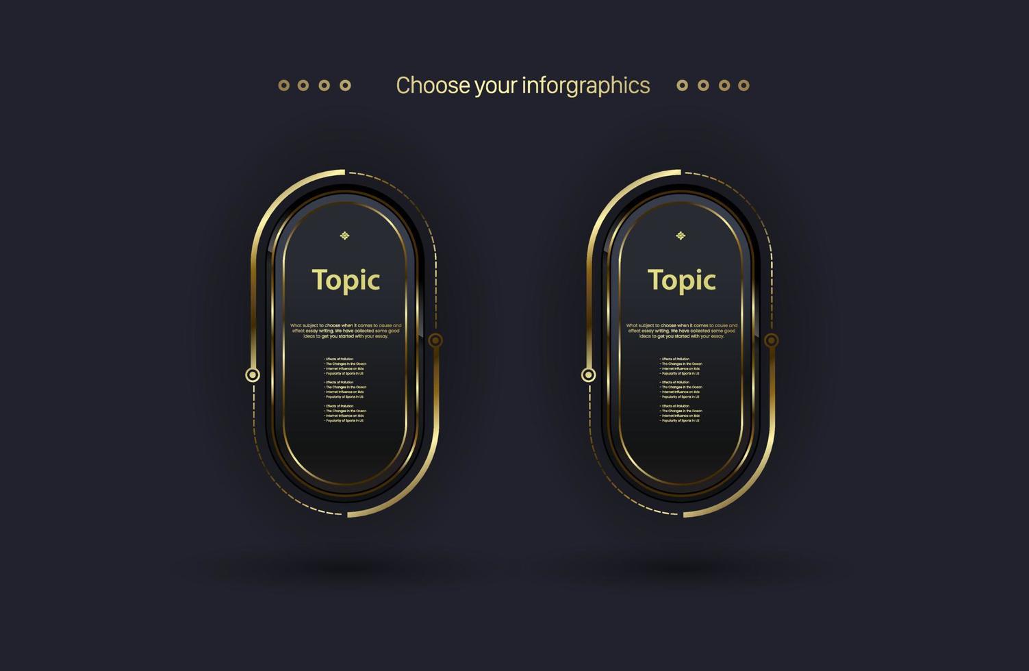 conception infographique de luxe avec deux objets dorés pour l'option, les étapes, les niveaux et le modèle de processus. deux formes premium sur fond sombre modèle, vecteur, illustrateur vecteur