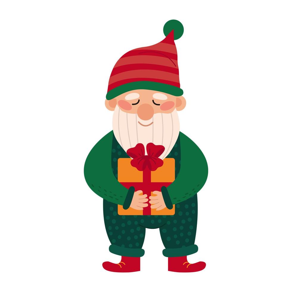 joyeux noël mignon petit gnome avec barbe. mignon nain elfe avec un cadeau. illustration vectorielle colorée du personnage de conte de fées isolé sur fond blanc. vecteur
