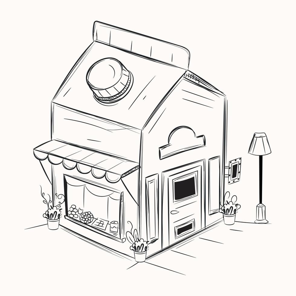 bâtiment en forme de paquet de lait, illustration dessinée à la main d'un magasin de lait vecteur