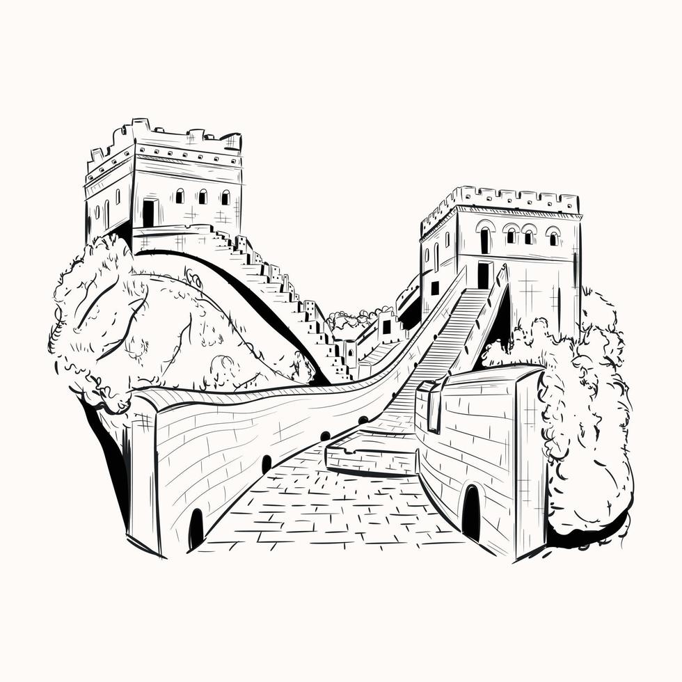 mur de chine, une illustration dessinée à la main personnalisable vecteur
