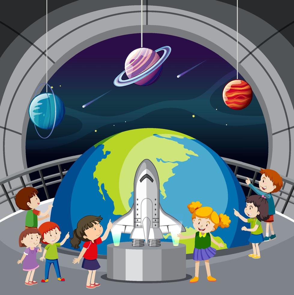 thème de l'astronomie avec de nombreux enfants au musée vecteur