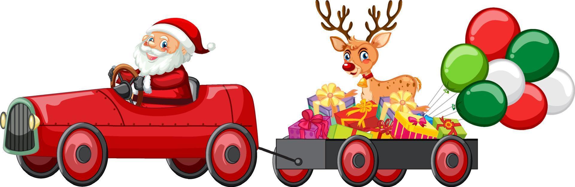 le père noël conduit sa voiture pour livrer des cadeaux de noël vecteur