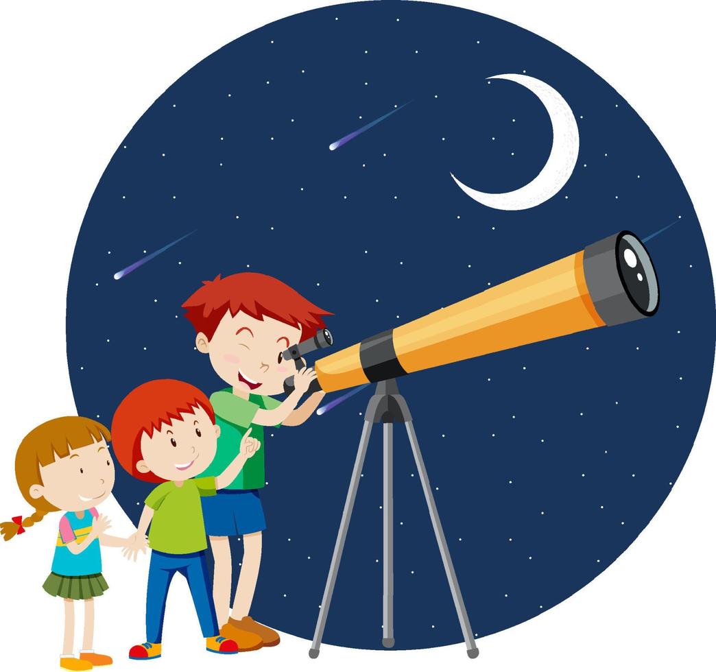 enfants regardant à travers le télescope la nuit vecteur