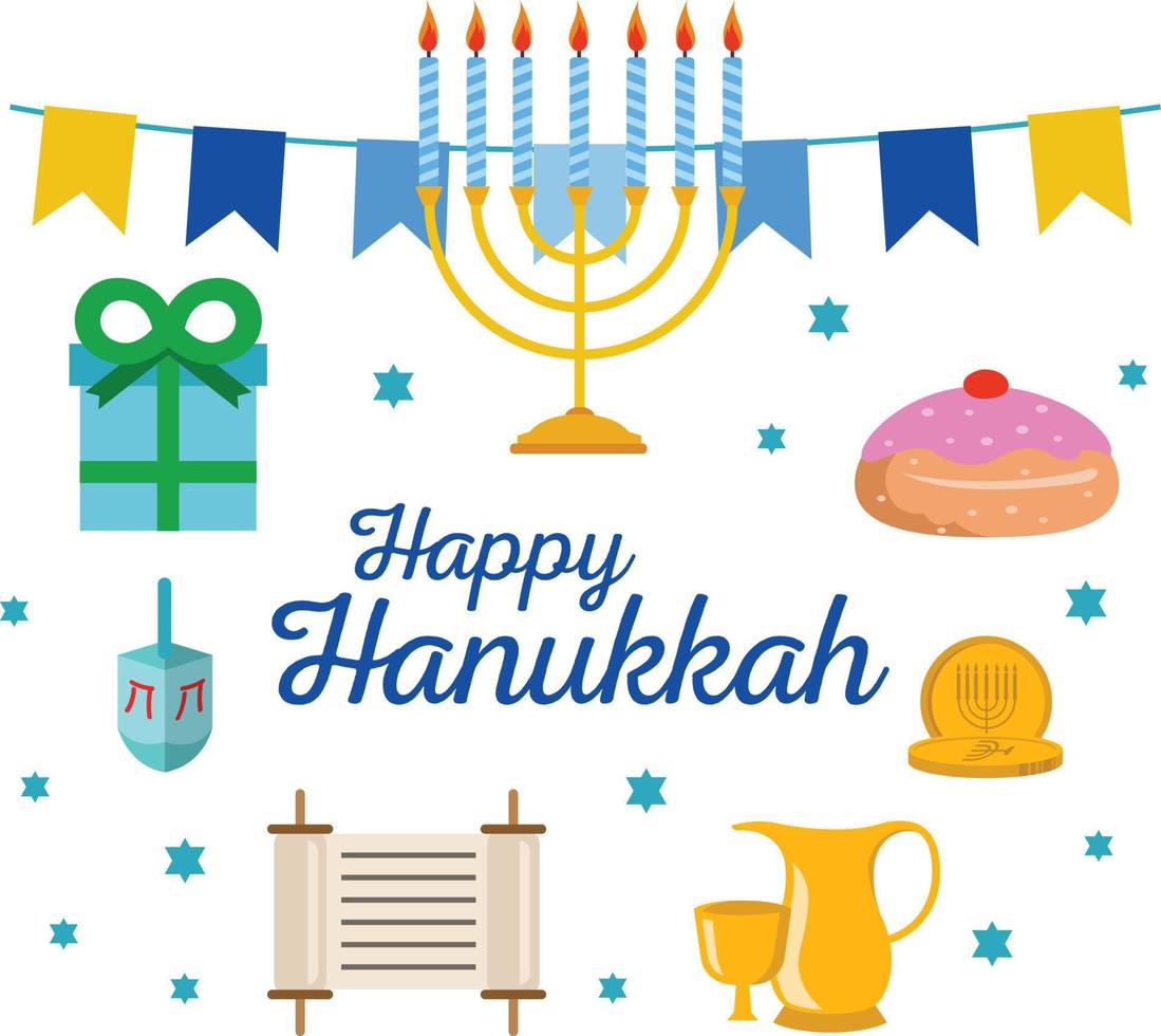 célébrations de hanukkah avec divers objets colorés vecteur