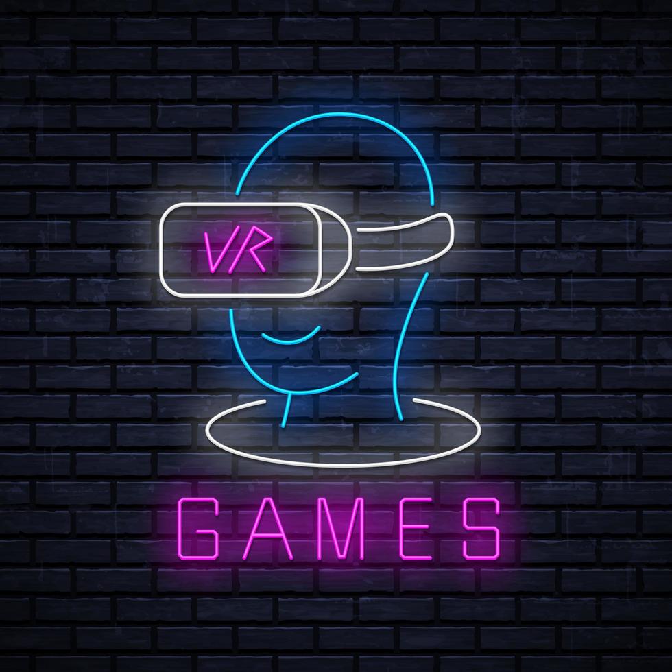 icône néon de jeux vr pour la décoration dans le club de jeu. enseigne au néon de vecteur pour le club de jeu publicitaire. réalité virtuelle de logo rougeoyant.