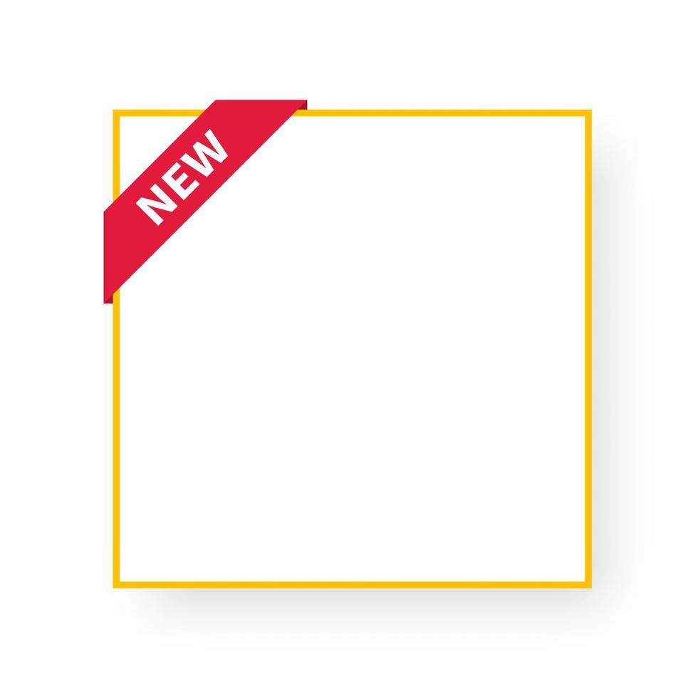 cadre blanc vierge avec ruban d'angle et contour jaune. modèle de bannière vierge pour le web et l'impression. nouvelle étiquette autocollante. icône autocollant avec texte. autocollants de produit avec offre. vecteur