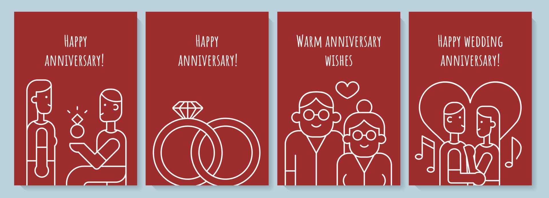 carte postale d'anniversaire avec jeu d'icônes de glyphe linéaire. couple marié félicitations. carte de voeux avec dessin vectoriel décoratif. affiche de style simple avec illustration lineart créative. dépliant avec souhait de vacances