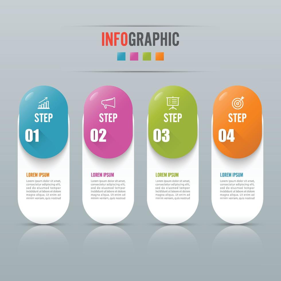 Le vecteur de conception infographie et les icônes de marketing peuvent être utilisés pour la mise en page du flux de travail, le diagramme, le rapport annuel, la conception de sites Web. concept d'entreprise avec 4 options, étapes ou processus.