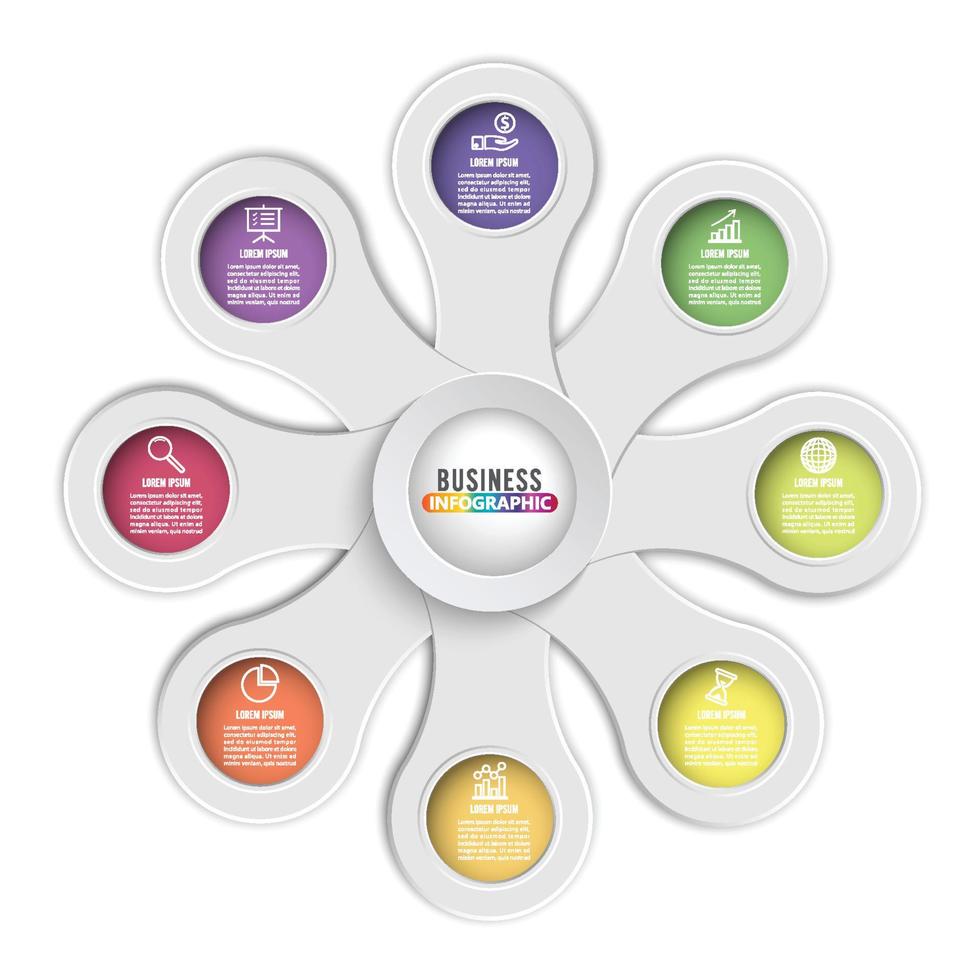 Le vecteur de conception infographie et les icônes de marketing peuvent être utilisés pour la mise en page du flux de travail, le diagramme, le rapport annuel, la conception de sites Web. concept d'entreprise avec 8 options, étapes ou processus.