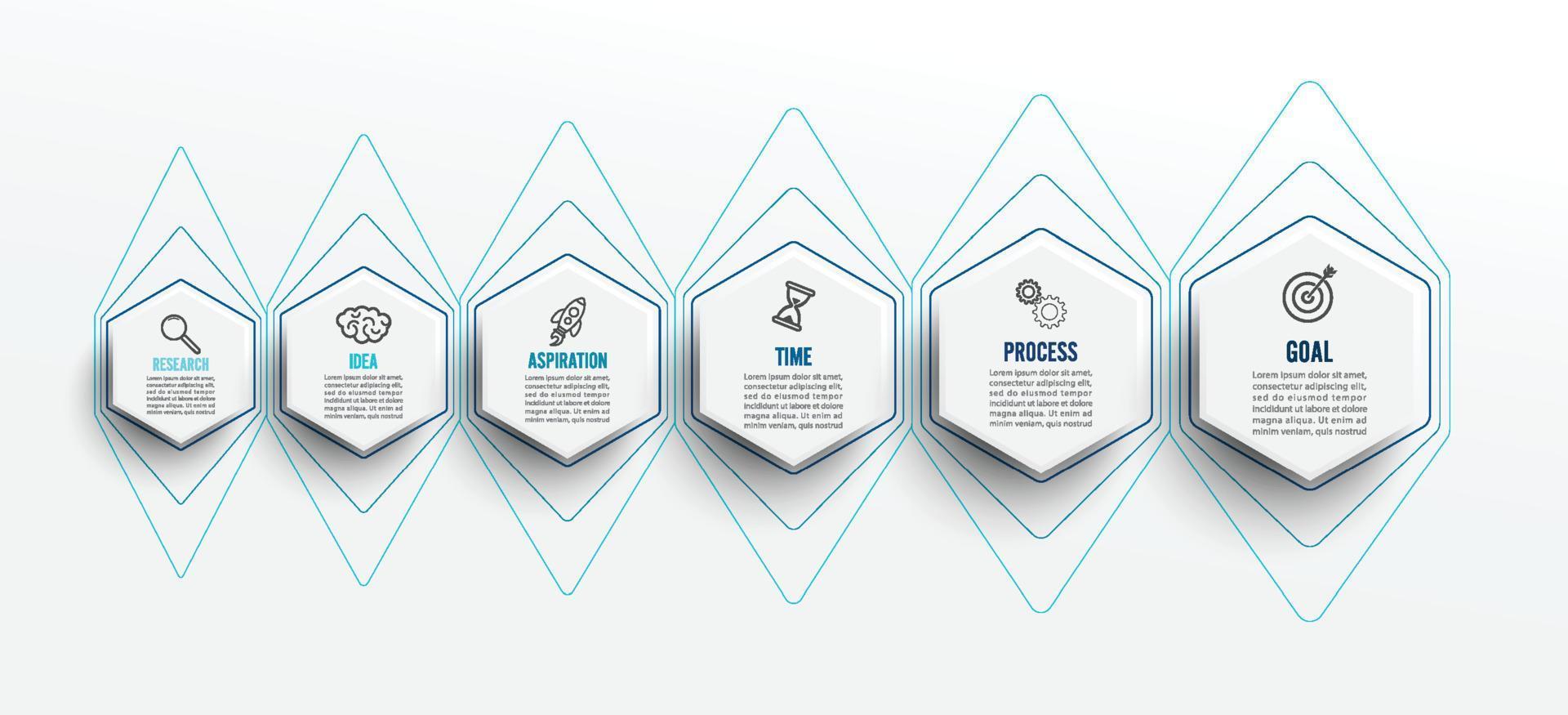 modèle d'infographie vectorielle avec icônes et 6 options ou étapes. infographie pour le concept d'entreprise. peut être utilisé pour la bannière de présentations, la mise en page du flux de travail, le diagramme de processus, l'organigramme, le graphique d'informations. vecteur