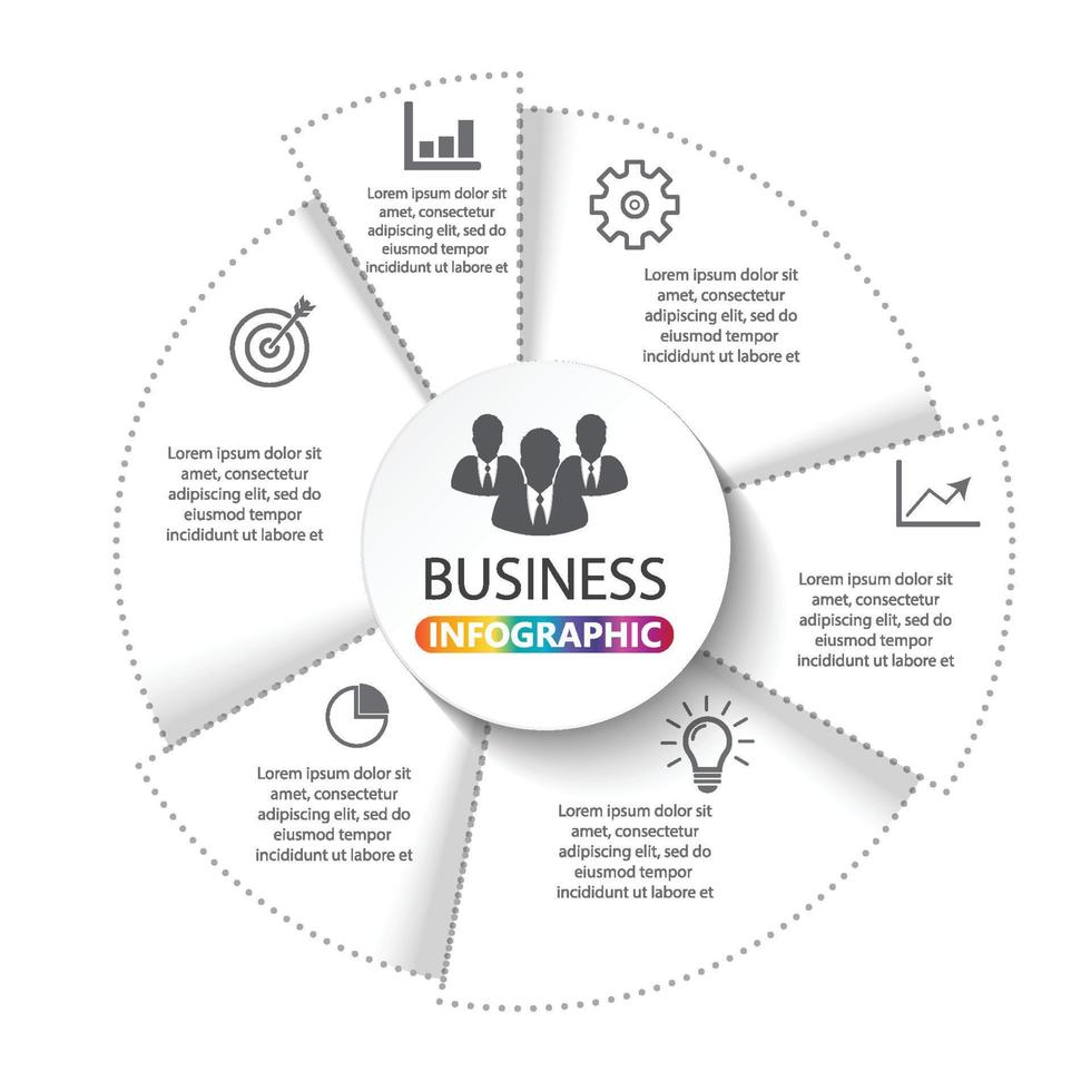 infographie vectorielle. modèle de diagramme, graphique, présentation et graphique. concept d'entreprise avec 6 options, pièces, étapes ou processus. vecteur