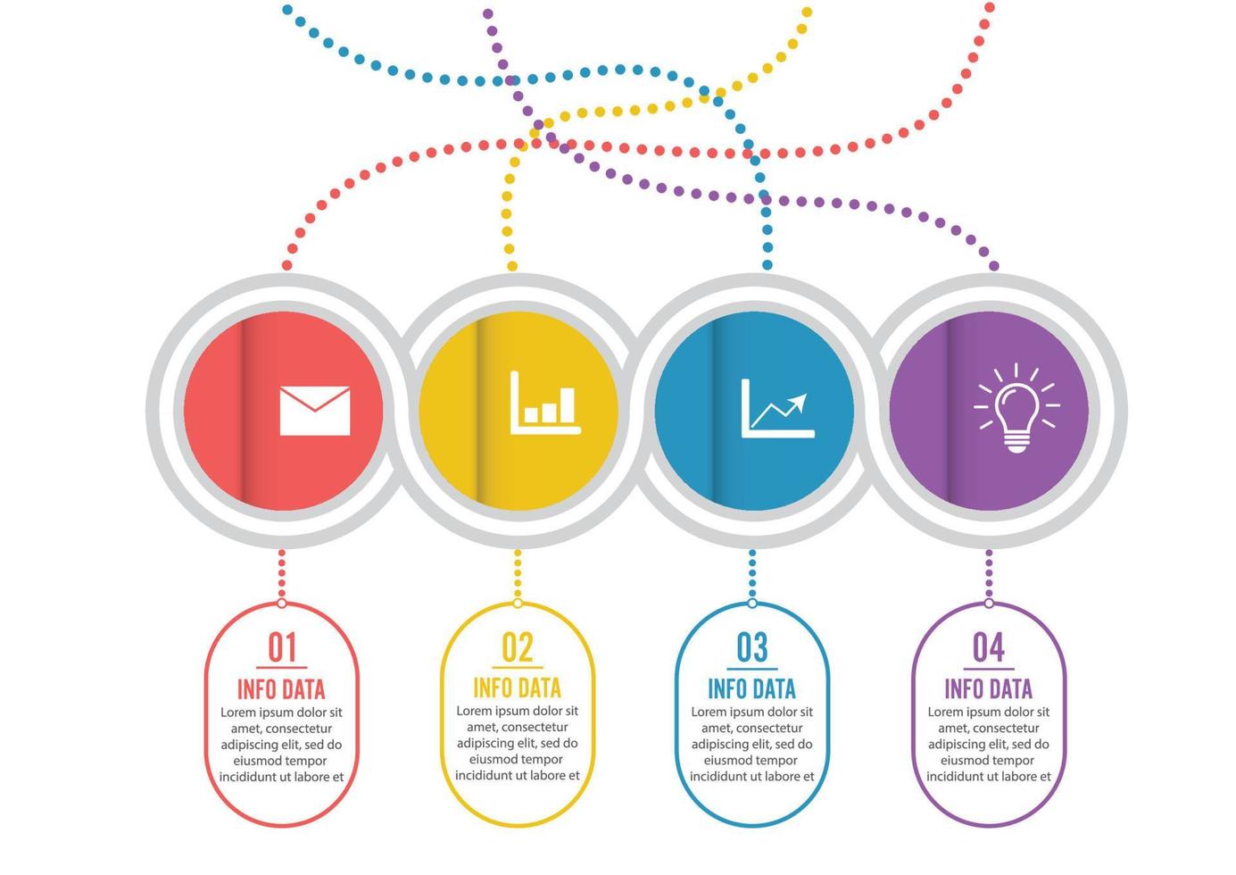 le vecteur de conception infographique et les icônes marketing peuvent être utilisés pour la mise en page du flux de travail, le diagramme, le rapport annuel, la conception Web. concept d'entreprise avec 4 options, étapes ou processus.