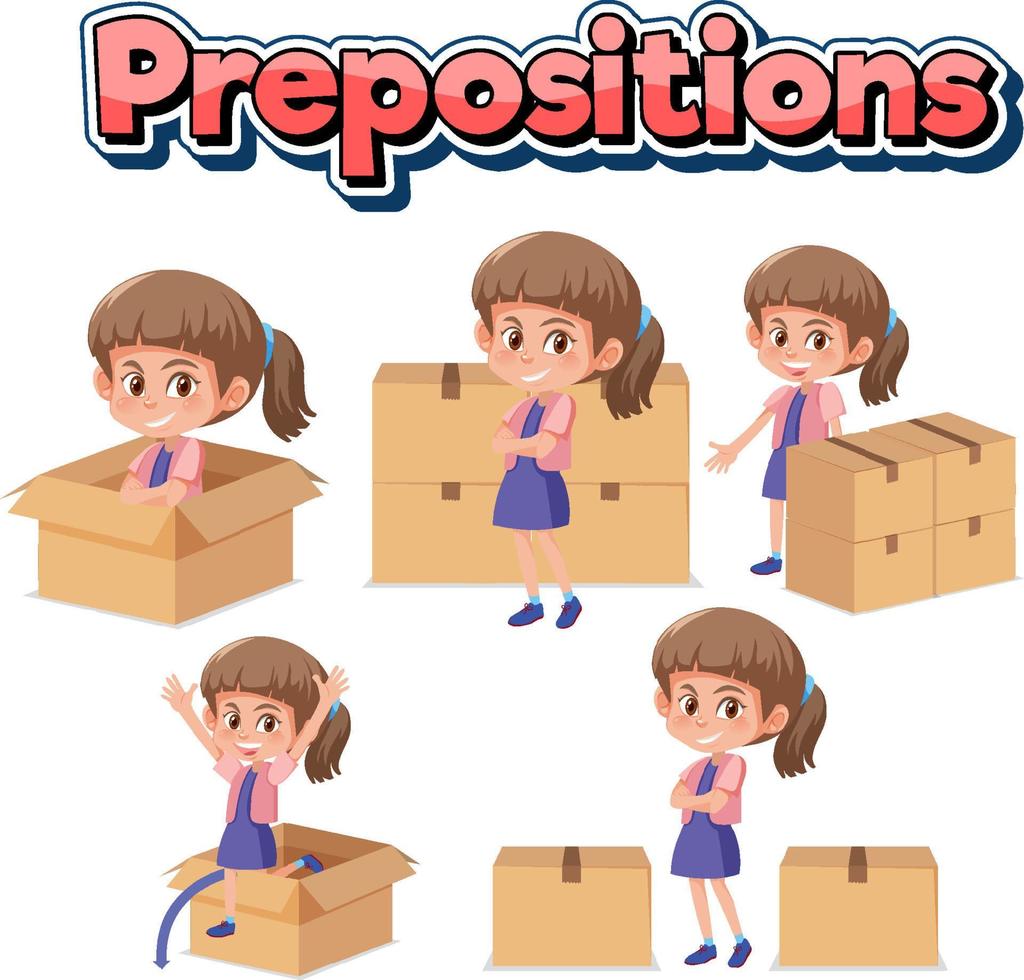 wordcard de préposition avec fille et boîtes vecteur