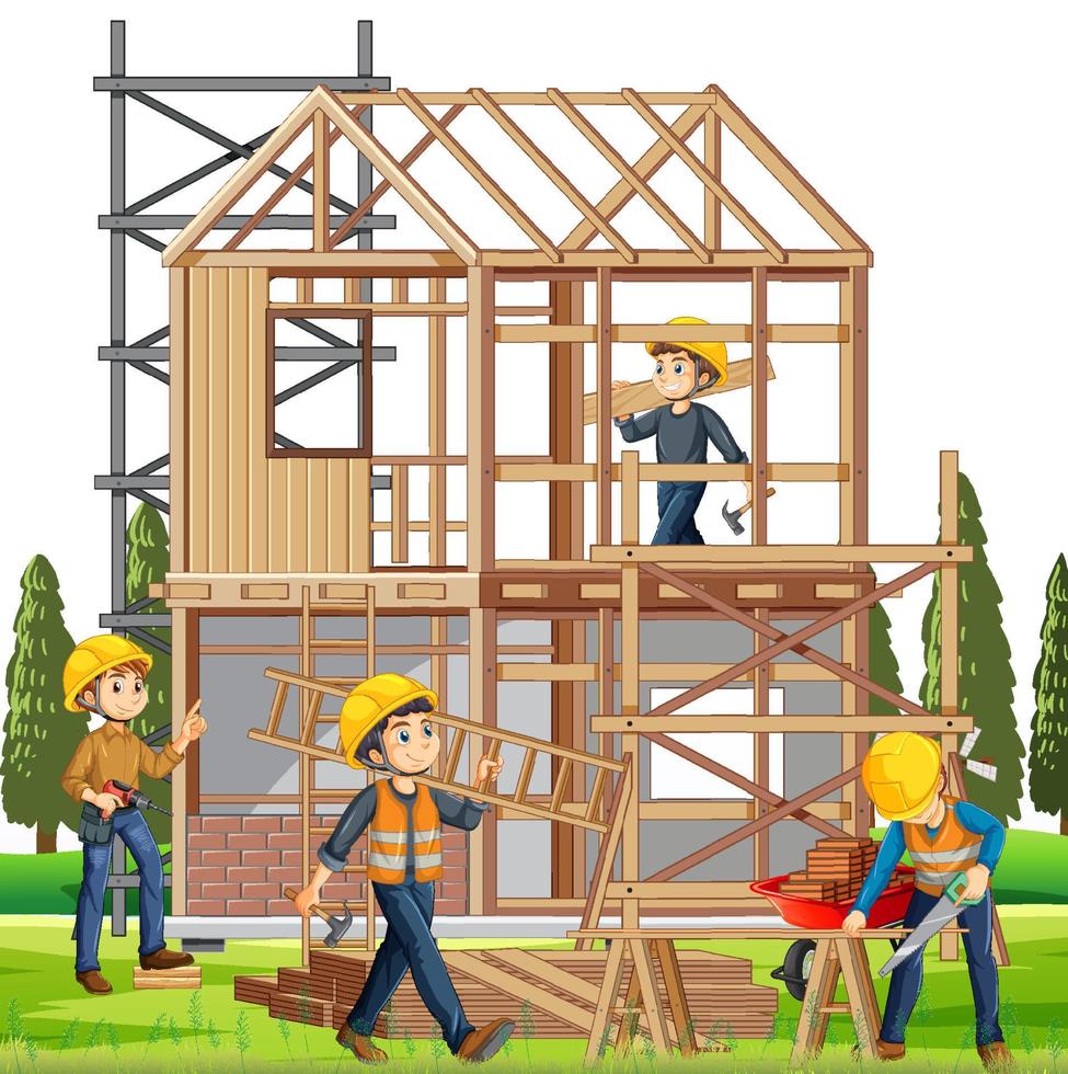 chantier de construction de maison avec des ouvriers vecteur