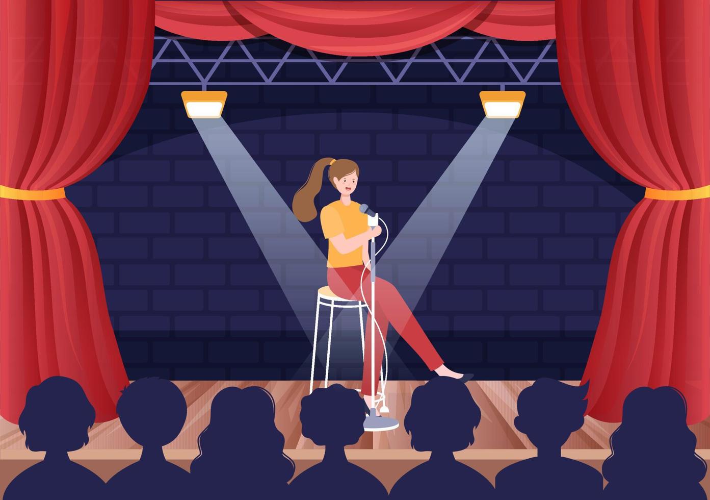 debout scène de théâtre de spectacle comique avec des rideaux rouges et un microphone ouvert au comédien se produisant sur scène dans une illustration de dessin animé de style plat vecteur