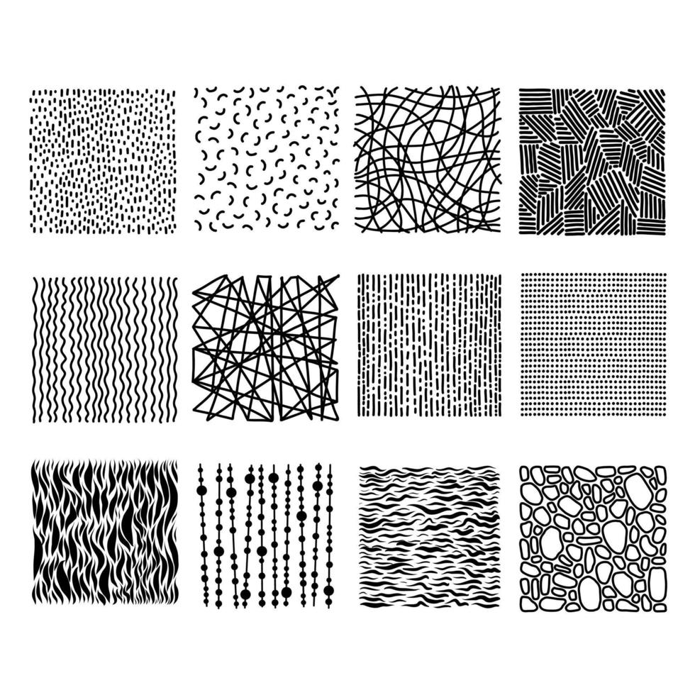 collection de textures. arrière-plans dans un style dessiné à la main avec des lignes, des points et des vagues vecteur