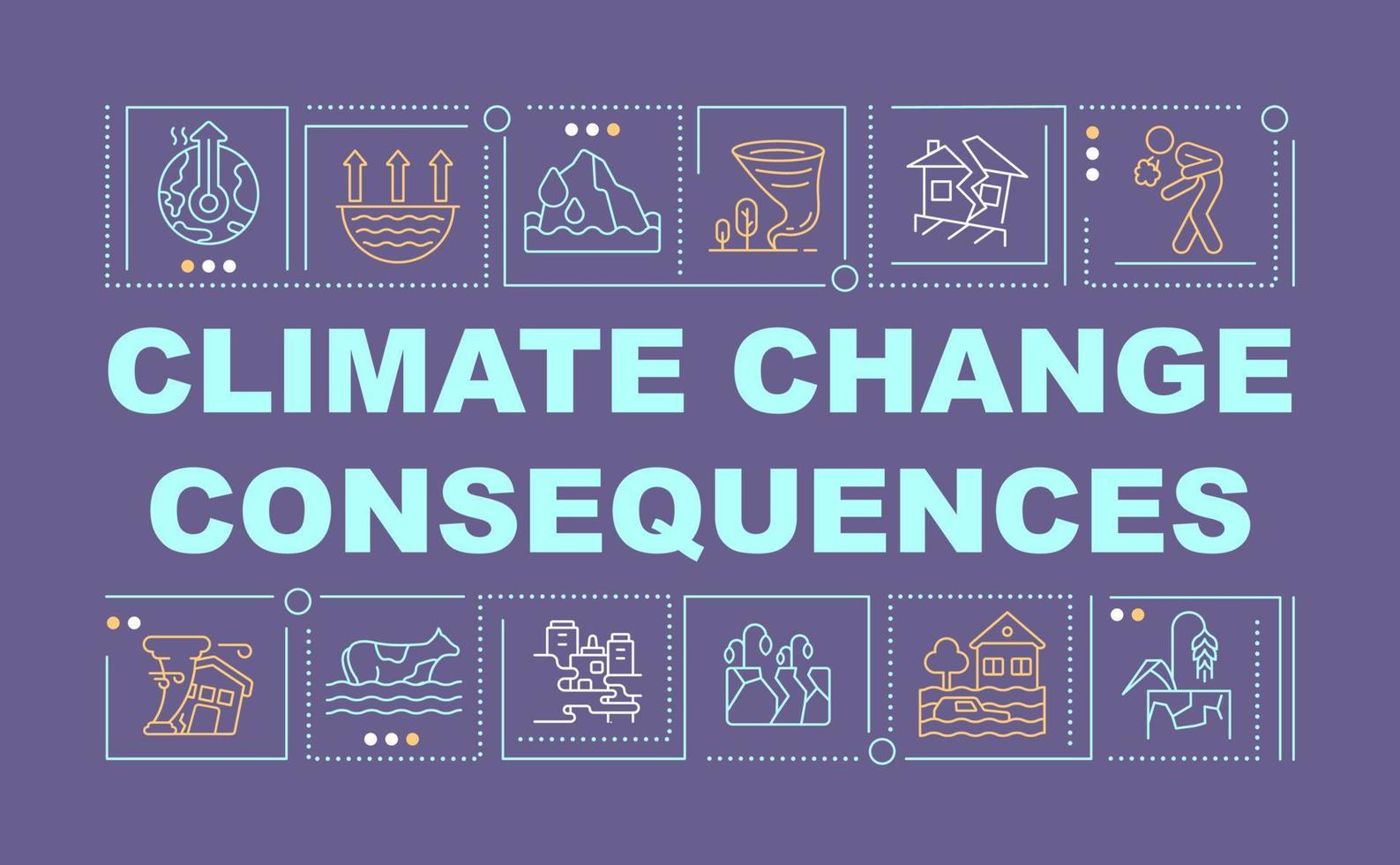 concepts de mots sur les conséquences du changement climatique bannière violet foncé. infographie avec des icônes linéaires sur fond. typographie isolée. illustration vectorielle couleur avec texte. police arial-black utilisée vecteur