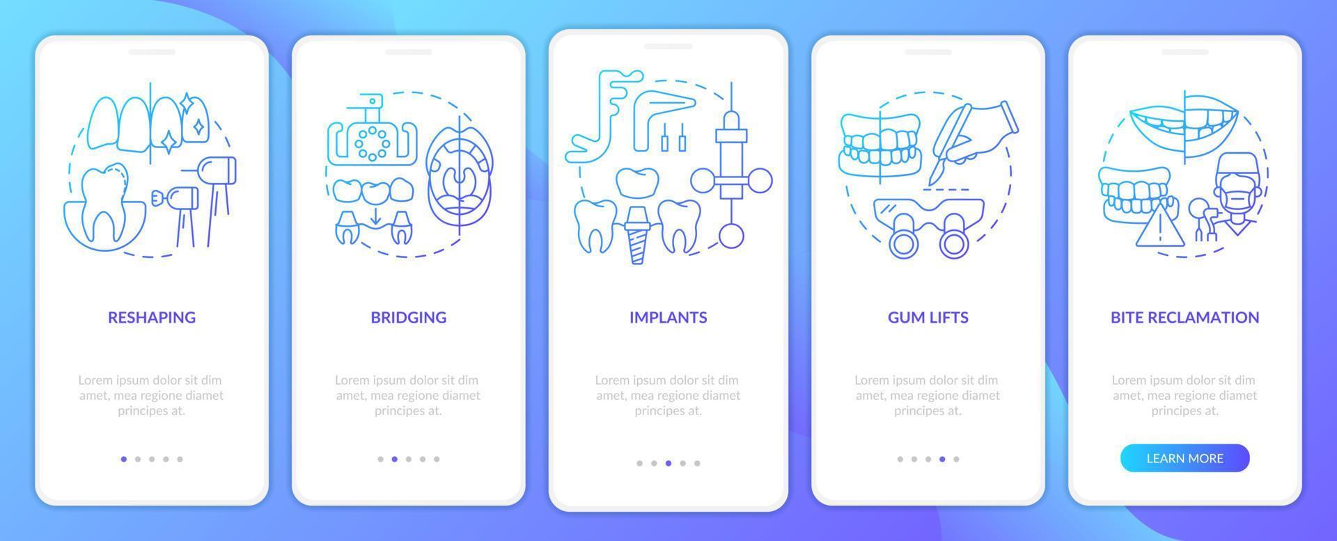 procédures de dentisterie esthétique dégradé bleu écran d'application mobile d'intégration. pas à pas en 5 étapes pages d'instructions graphiques avec des concepts linéaires. ui, ux, modèle d'interface graphique. myriade de polices pro-gras régulières utilisées vecteur