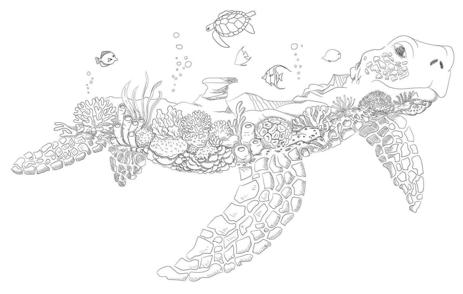 modèle de conception de dessin de croquis de mer profonde de tortue vecteur