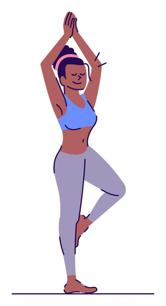 effectuer vrikshasana pose illustration vectorielle de couleur rgb semi-plate. personnage souriant. gestion du stress au quotidien. femme debout dans l'arbre pose personnage de dessin animé isolé sur fond blanc vecteur