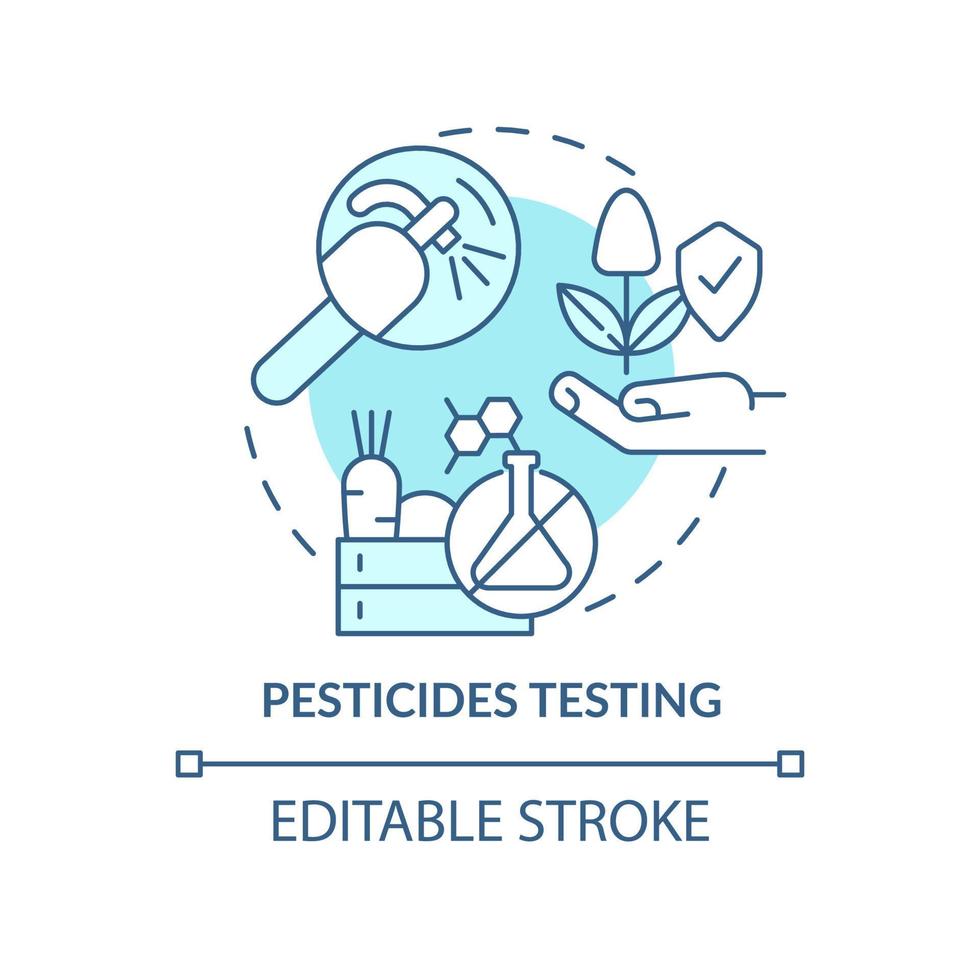pesticides testant l'icône de concept turquoise. illustration de ligne mince d'idée abstraite de service de test alimentaire. substances toxiques. dessin de contour isolé. trait modifiable. arial, myriade de polices pro-gras utilisées vecteur