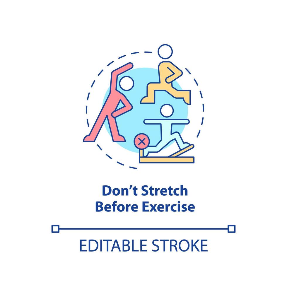 ne vous étirez pas avant l'icône de concept d'exercice. astuce pour des articulations saines idée abstraite illustration en ligne mince. réduire la rigidité. dessin de contour isolé. trait modifiable. arial, myriade de polices pro-gras utilisées vecteur