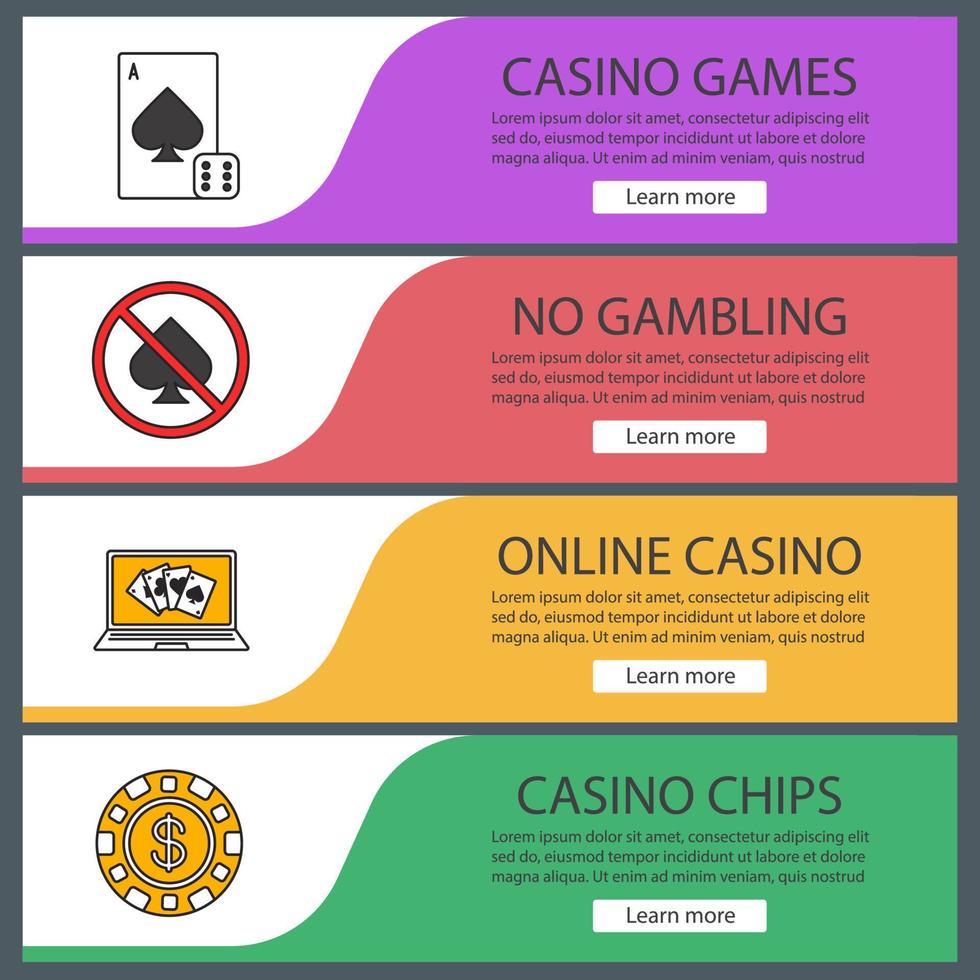 ensemble de modèles de bannière web de casino. jeu de cartes, interdiction de jeu, poker en ligne, jeton de casino. éléments de menu de couleur du site Web. concepts de conception d'en-têtes vectoriels vecteur