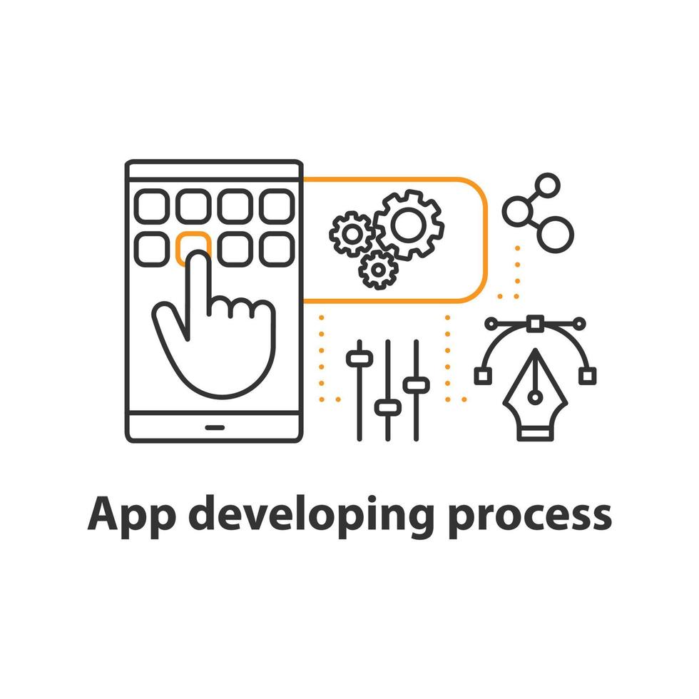 icône de concept de processus de développement d'applications. création de produit, test et lancement d'idée illustration en ligne mince. dessin de contour isolé de vecteur