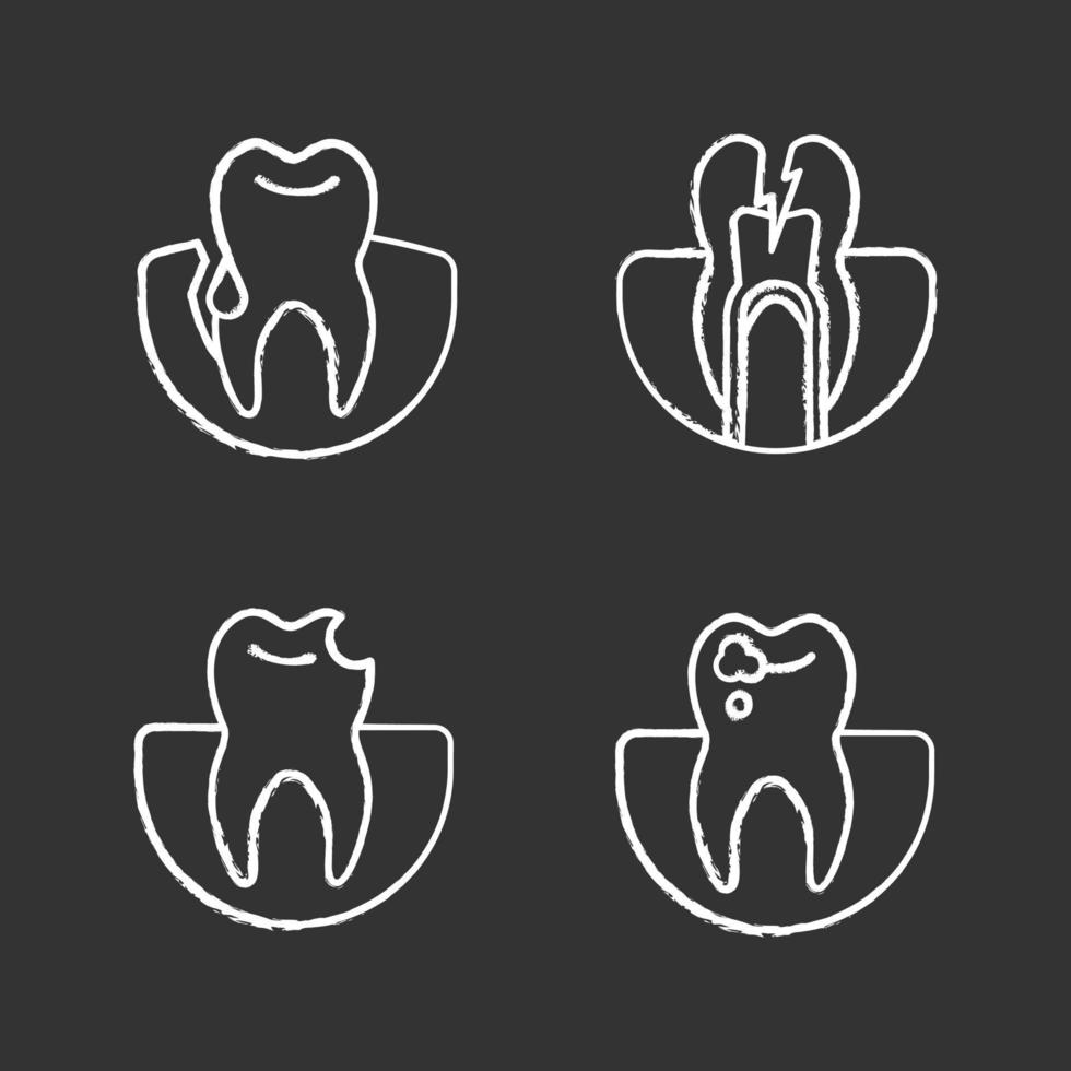 ensemble d'icônes de craie dentaire. stomatologie. saignement des gencives, mal de dents, dent cassée, caries. illustrations de tableau de vecteur isolé