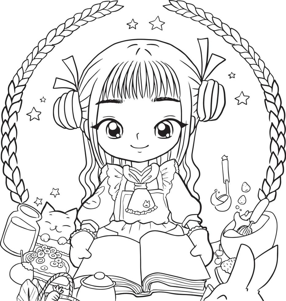 dessin animé coloriage page mignon kawaii manga dessin au trait doodle vecteur