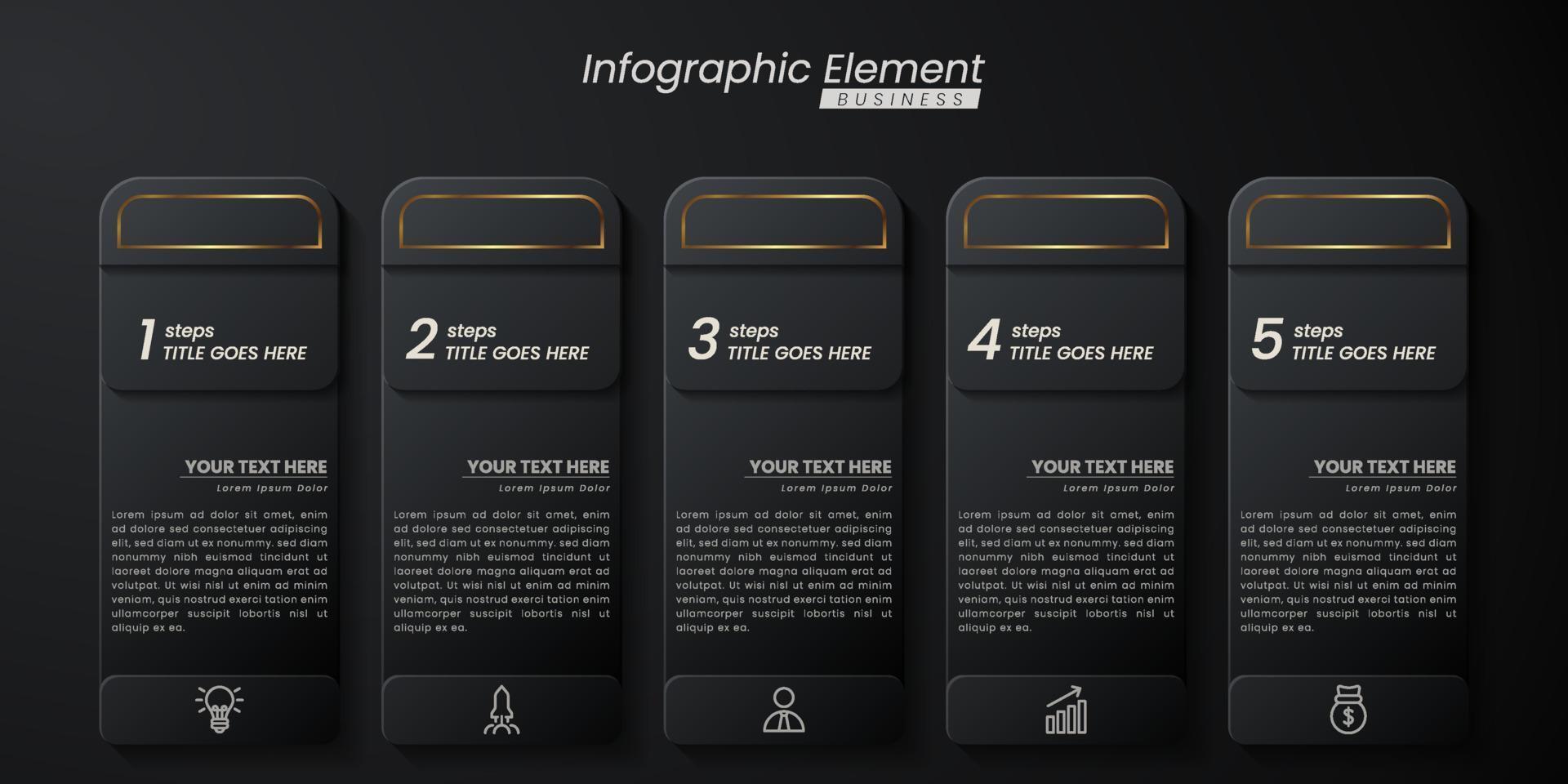 modèle vectoriel 3d infographique élégant en or foncé avec des étapes pour réussir. présentation avec des icônes d'éléments de ligne. la conception de concept d'entreprise peut être utilisée pour la mise en page web, brochure, diagramme, graphique ou bannière