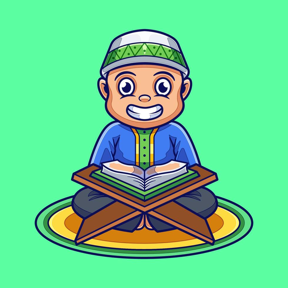 mignon garçon musulman lisant l'illustration de dessin animé de coran. concept d'illustration de ramadan kareem vecteur