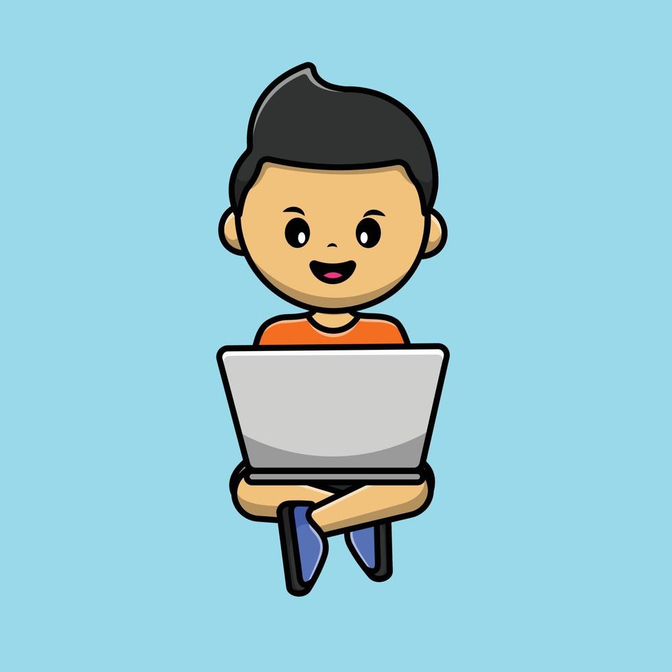 garçon travaillant sur l'illustration d'icône de vecteur de dessin animé d'ordinateur portable. concept d'icône de personnes bussines vecteur premium isolé.